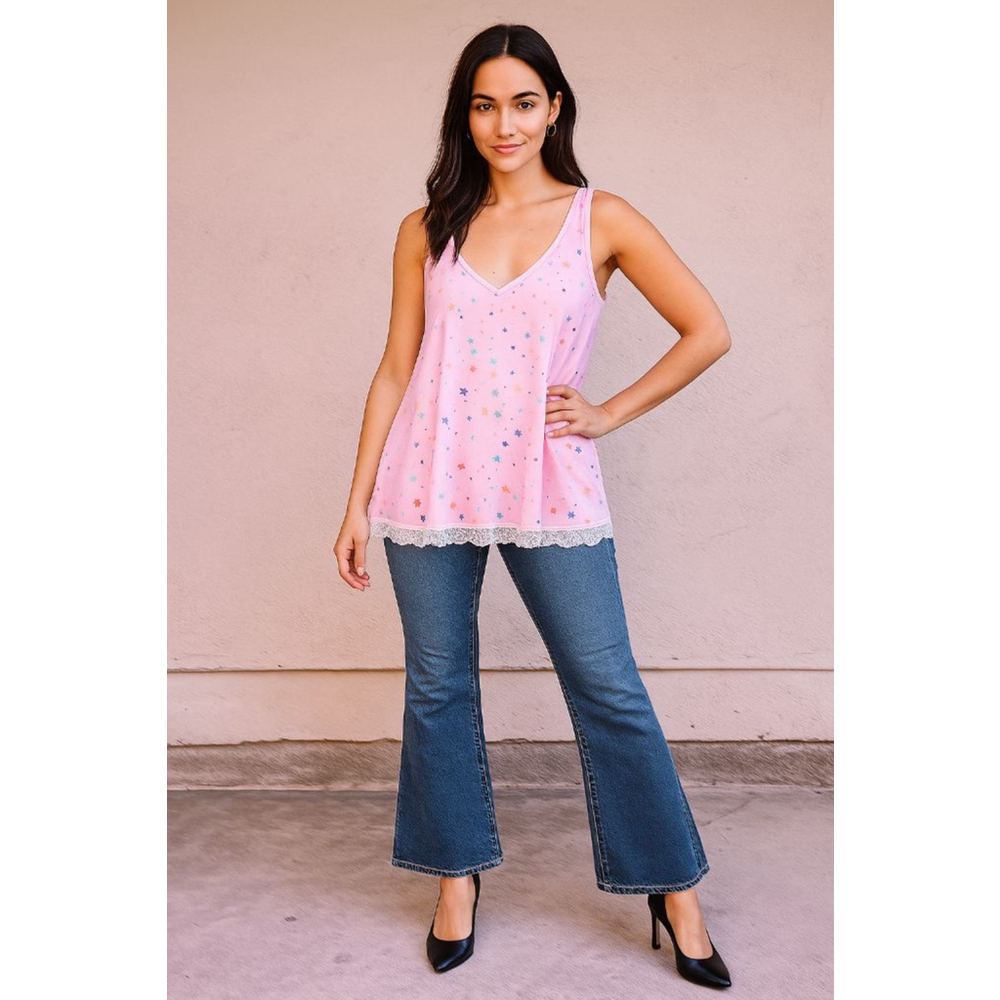 Shein Pink Star Print Tank Top with Lace Hem – Size 3XL